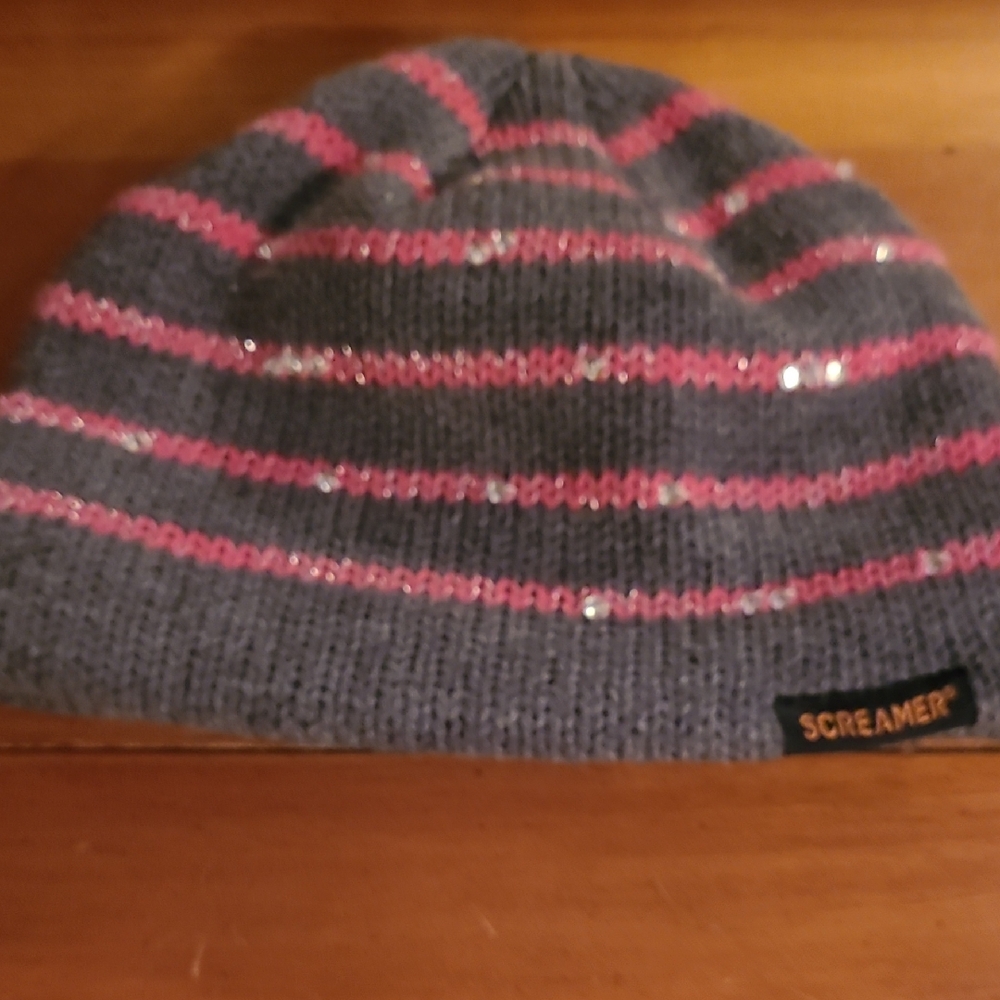 Womens Pink and Gray Striped Beanie